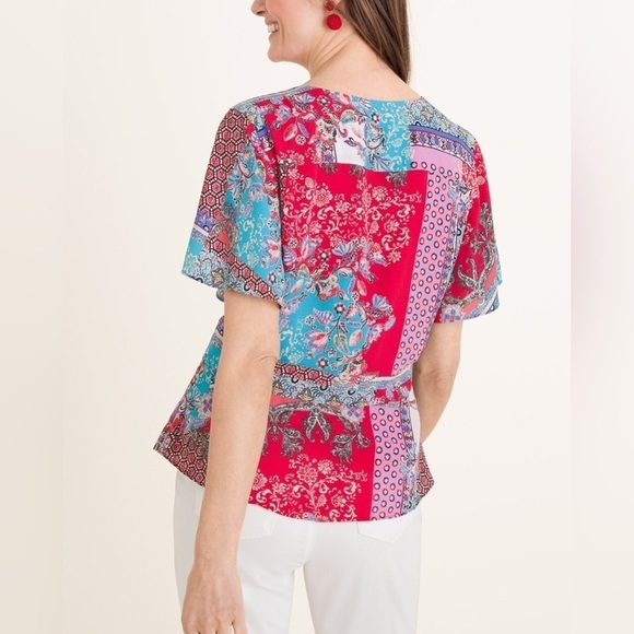 Chico’s Women’s Patchwork Peplum Flutter-Sleeve Top Red Blue Size 0 (4/6) - Picture 7 of 9